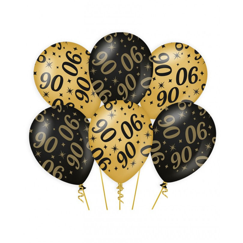 6x stuks leeftijd verjaardag feest ballonnen 90 jaar geworden zwart-goud 30 cm