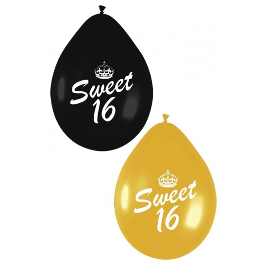 6x stuks Sweet Sixteen ballonnen zwart-goud