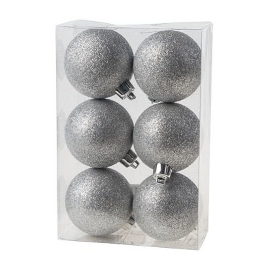 6x Zilveren kerstballen 6 cm glitter kunststof-plastic kerstversiering