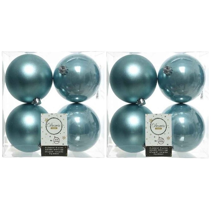 8x IJsblauwe kerstballen 10 cm glanzende-matte kunststof-plastic kerstversiering