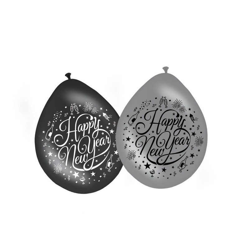 8x stuks Happy New Year ballonnen zwart-zilver