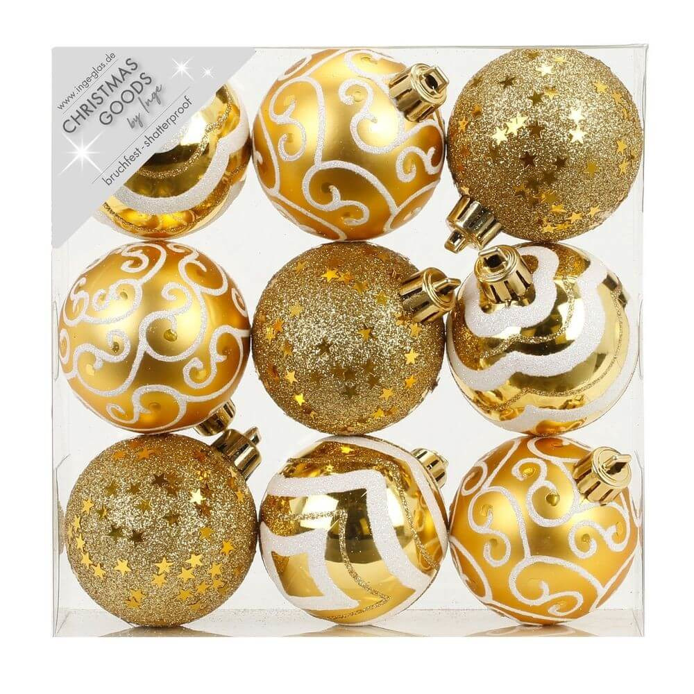 9x stuks luxe gedecoreerde kunststof kerstballen goud 6 cm