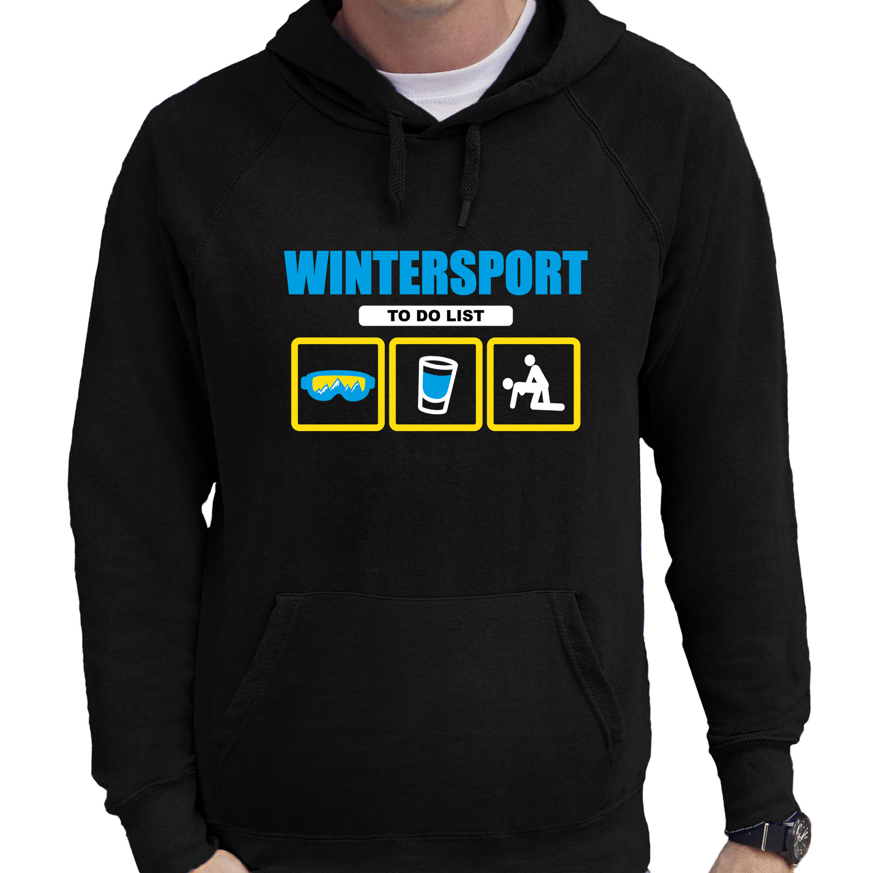 Apres ski hoodie winterport to do list zwart heren Wintersport capuchon sweater
