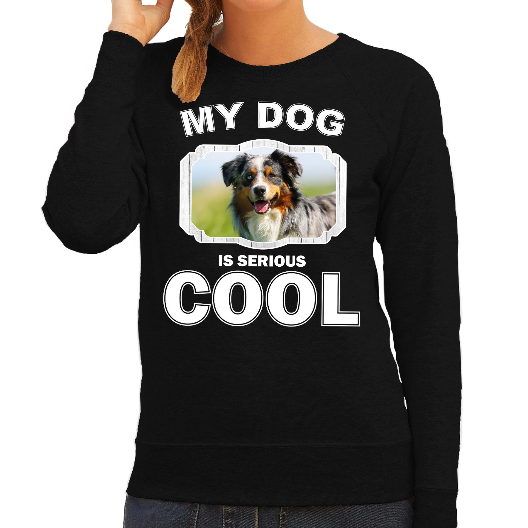 Australische herder honden sweater / trui my dog is serious cool zwart voor dames