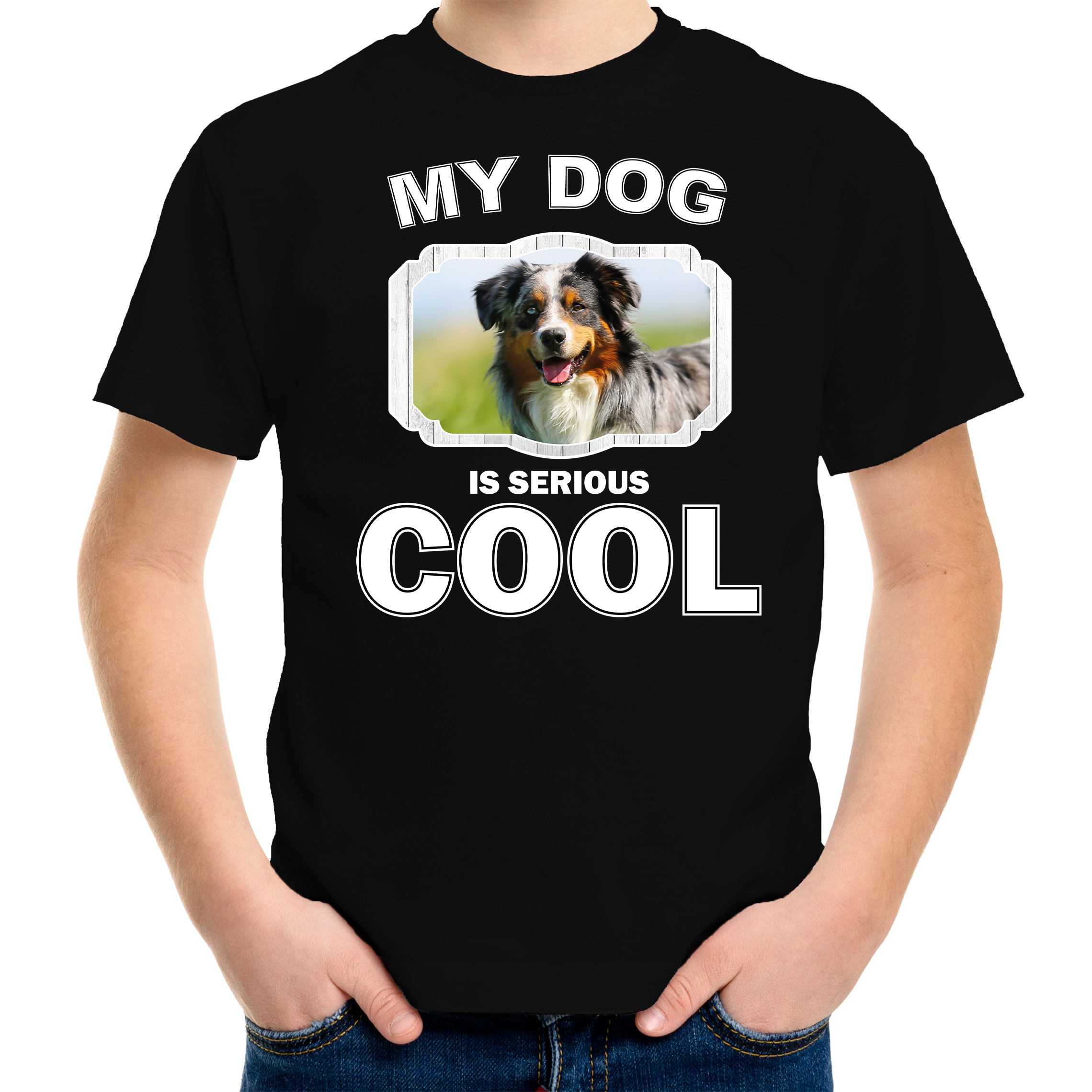 Australische herder honden t-shirt my dog is serious cool zwart voor kinderen
