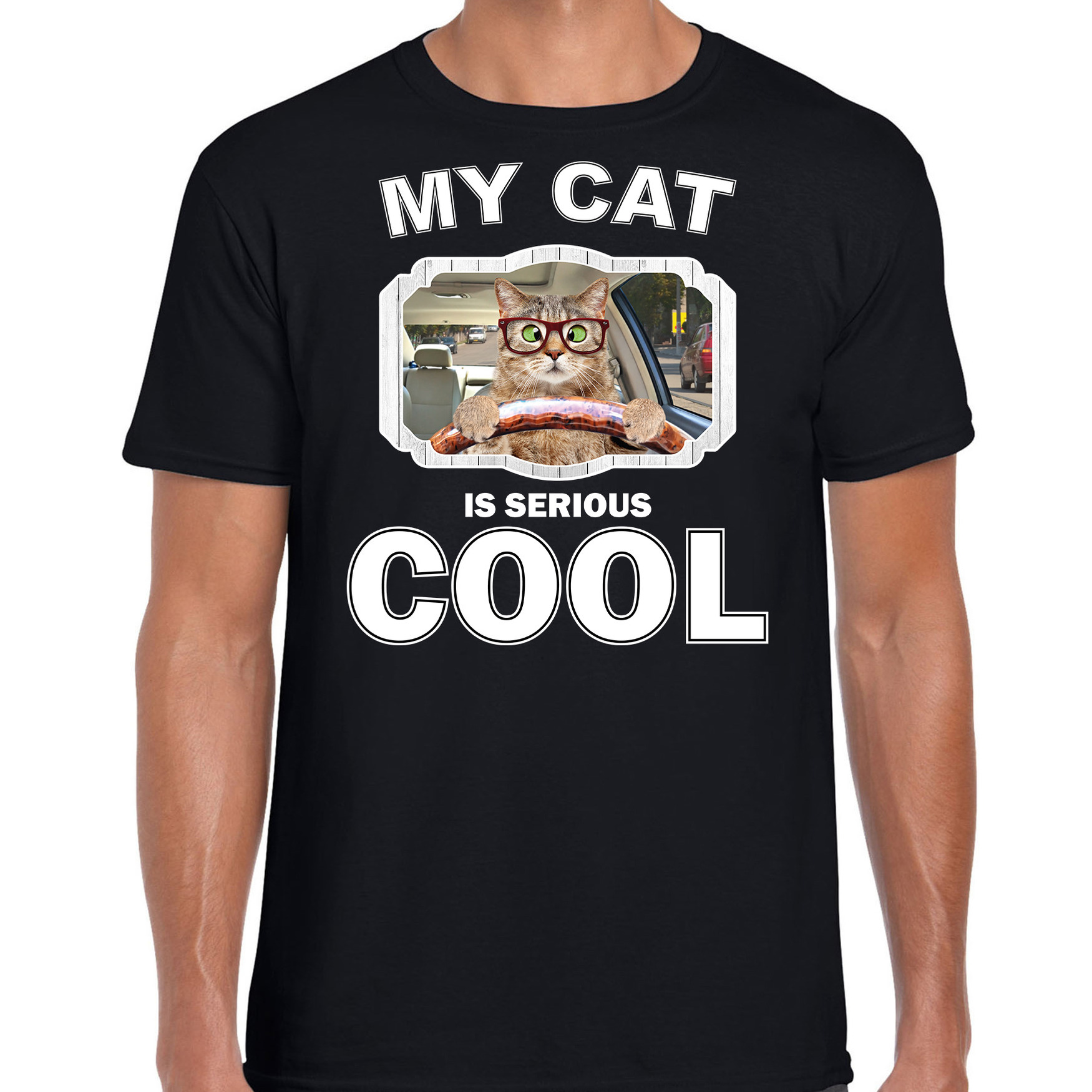 Auto rijdende kat katten / poezen t-shirt my cat is serious cool zwart voor heren