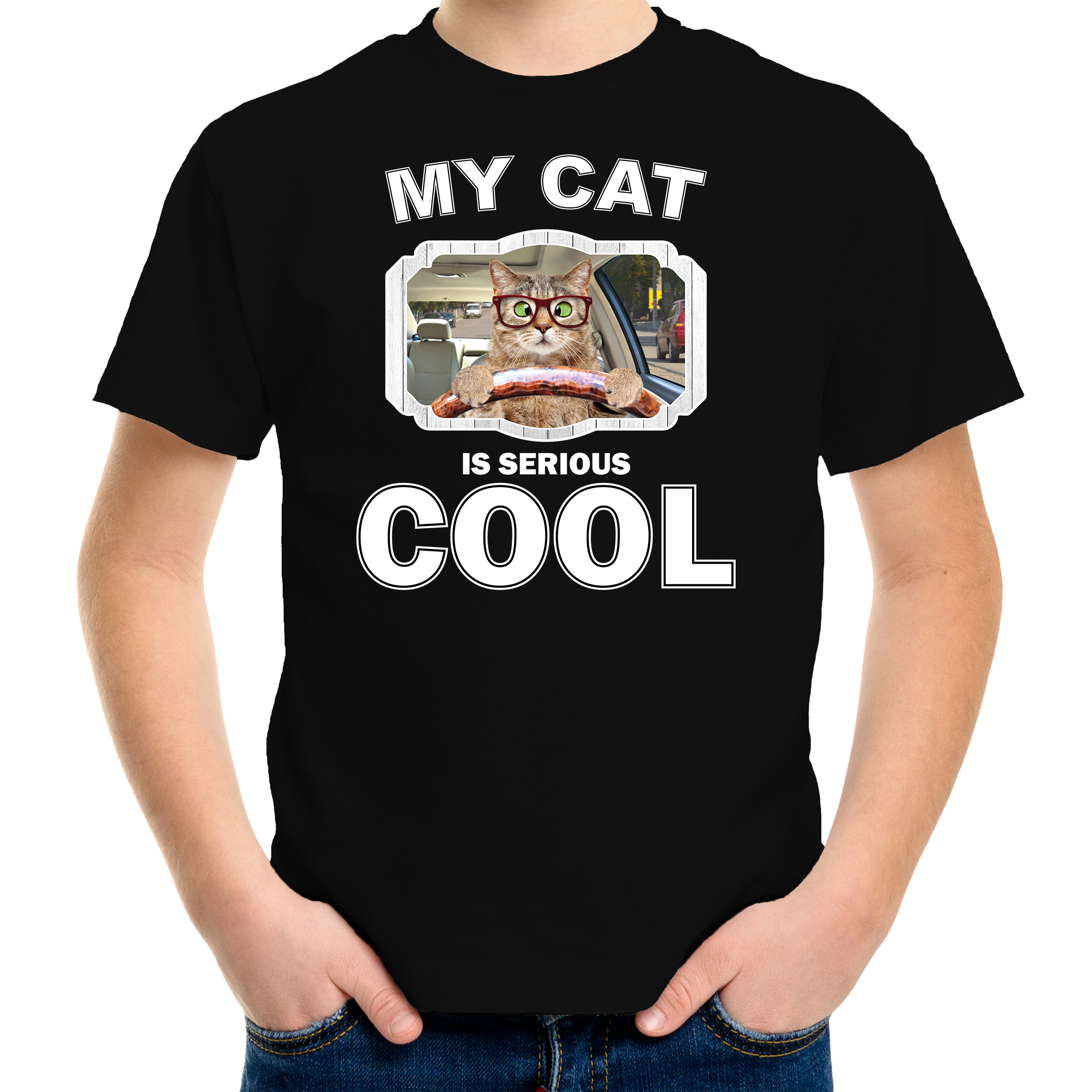 Auto rijdende kat katten / poezen t-shirt my cat is serious cool zwart voor kinderen
