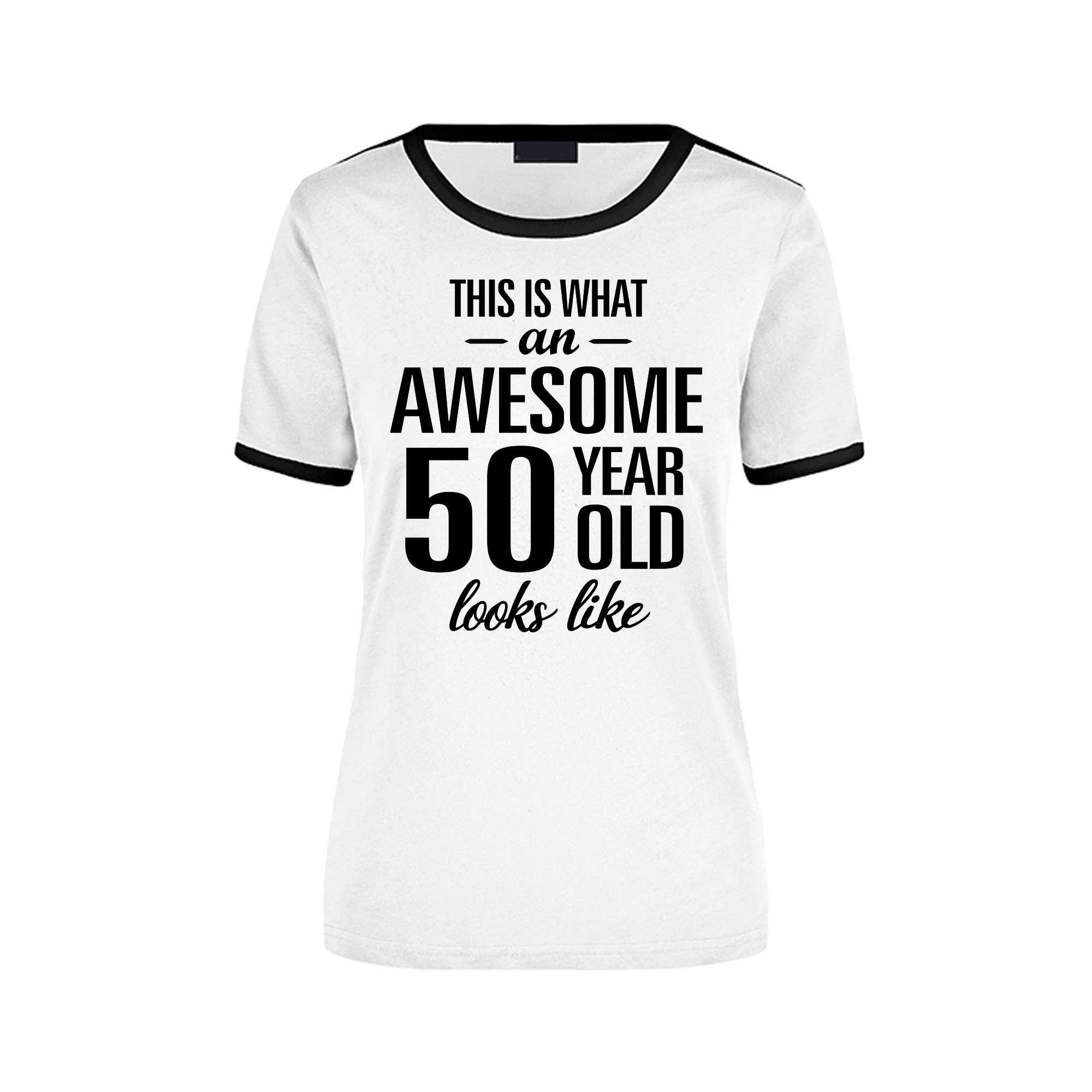 Awesome 50 year-50 jaar wit-zwart ringer cadeau t-shirt voor dames Sarah
