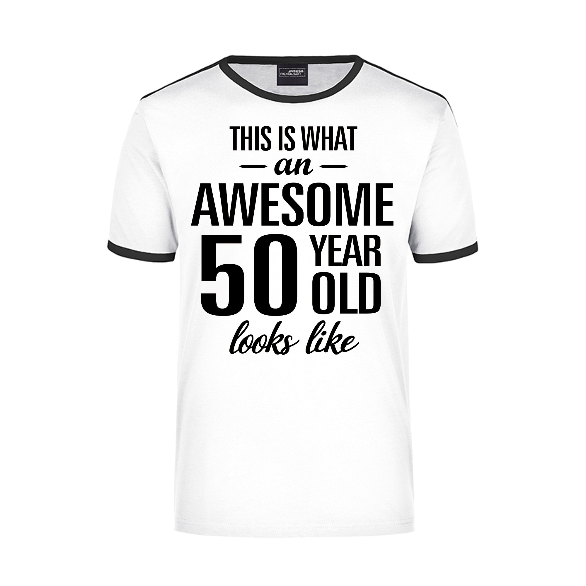 Awesome 50 year-50 jaar wit-zwart ringer cadeau t-shirt voor heren Abraham