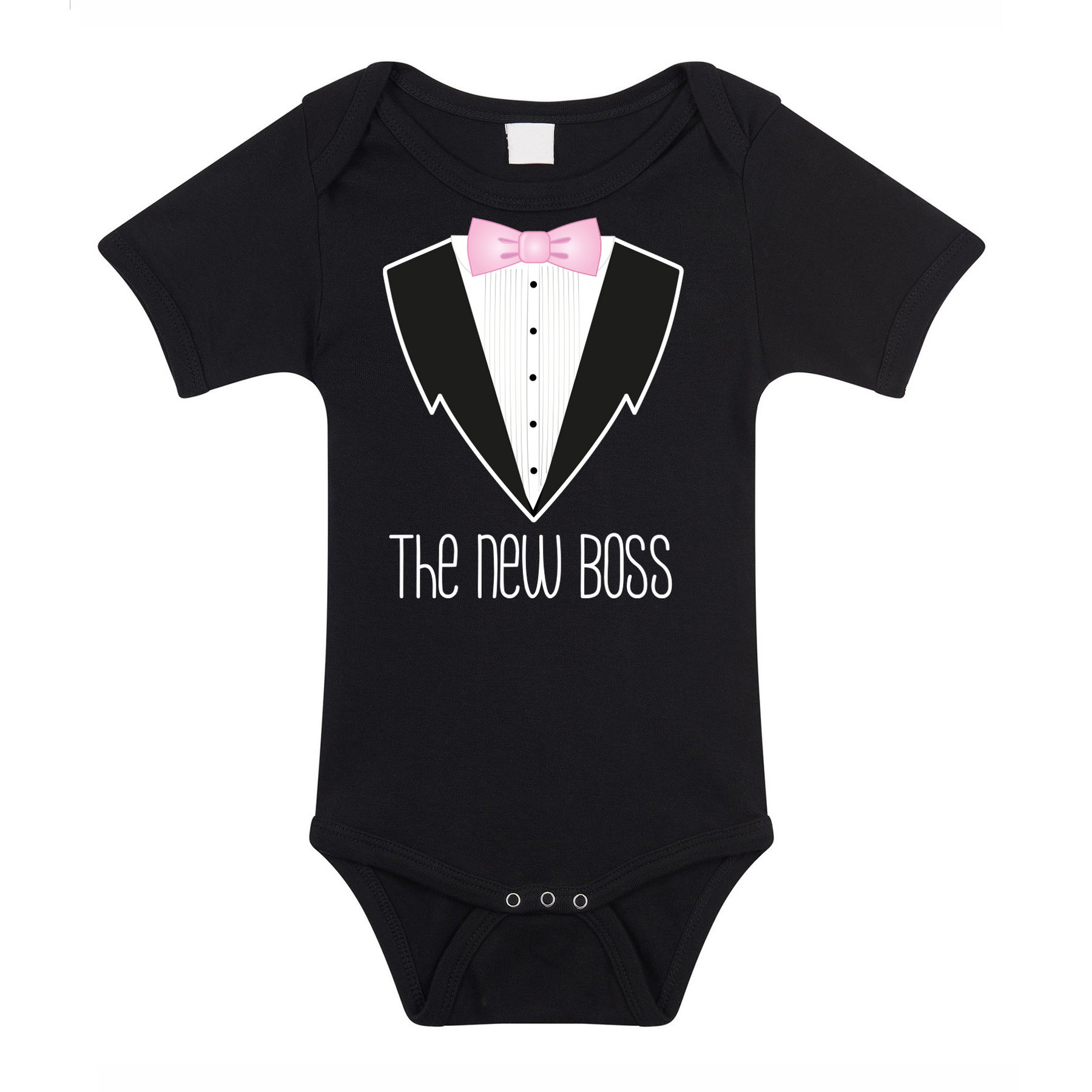 Baby rompertje smoking-pak zwart roze strik cadeau romper kraamcadeau
