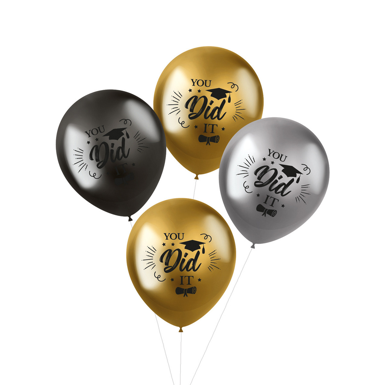 Ballonnen geslaagd thema 4x goud-zilver-grijs latex 33 cm diploma examenfeest versiering