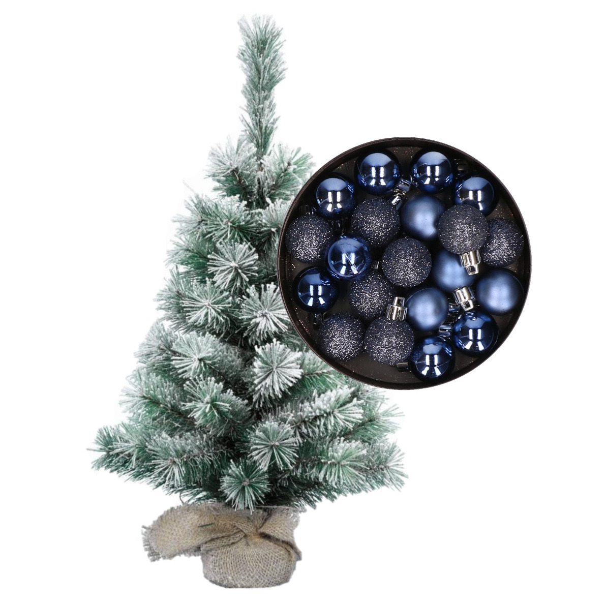 Besneeuwde mini kerstboom-kunst kerstboom 35 cm met kerstballen donkerblauw