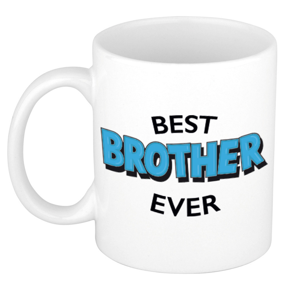 Best brother ever cadeau mok-beker wit met blauwe cartoon letters 300 ml