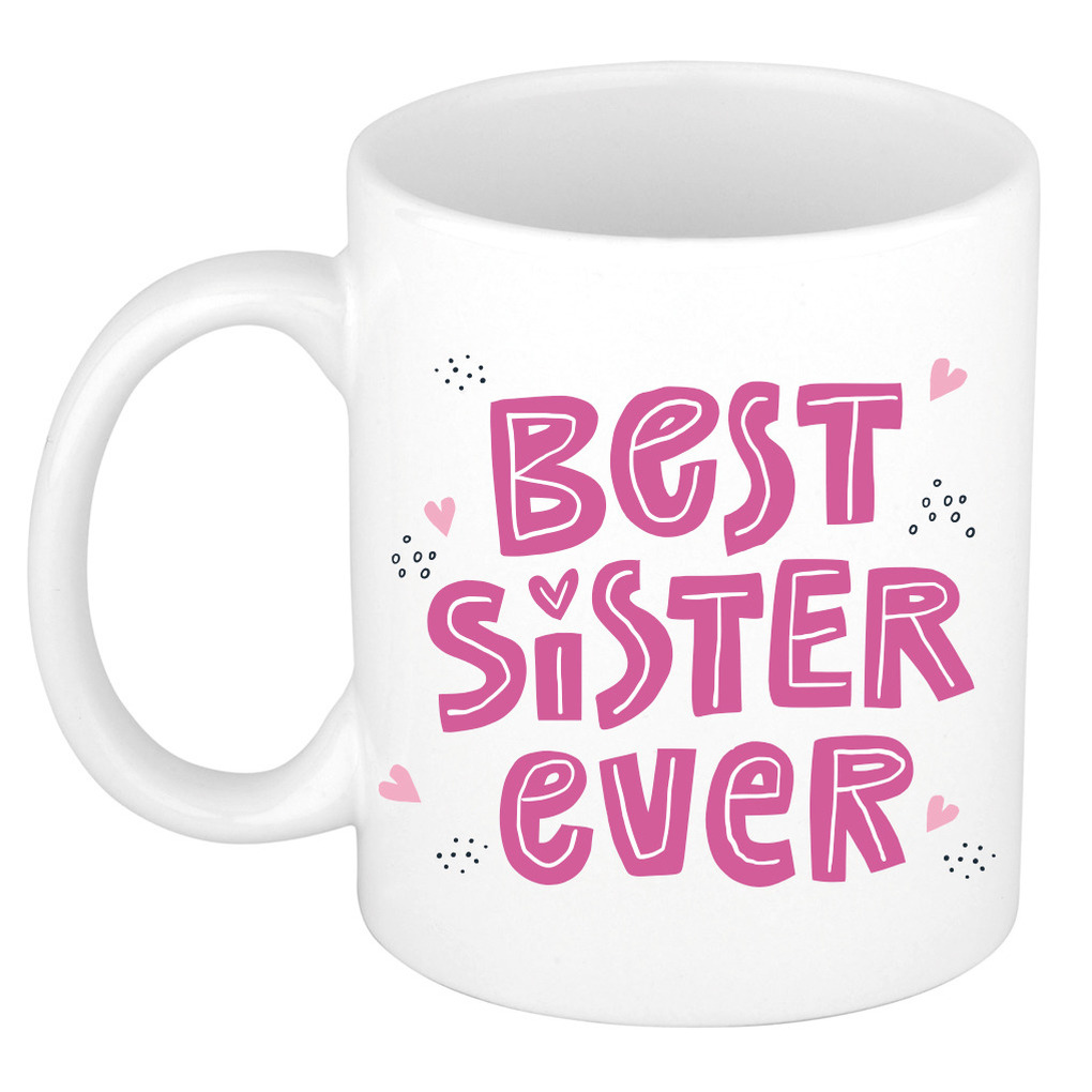 Best sister ever cadeau mok-beker wit met roze letters en kleine hartjes