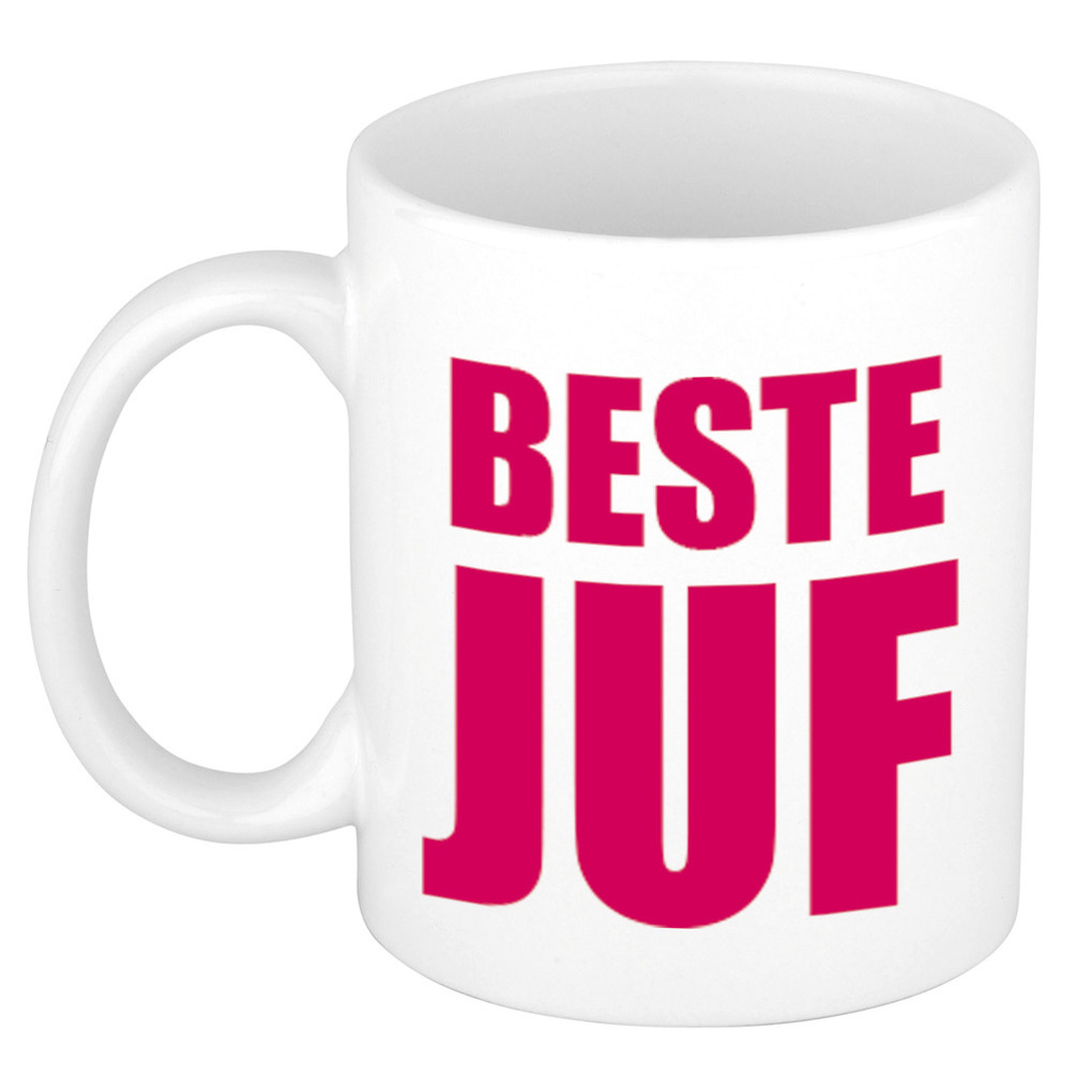 Beste juf cadeau koffiemok-theebeker roze blokletters 300 ml