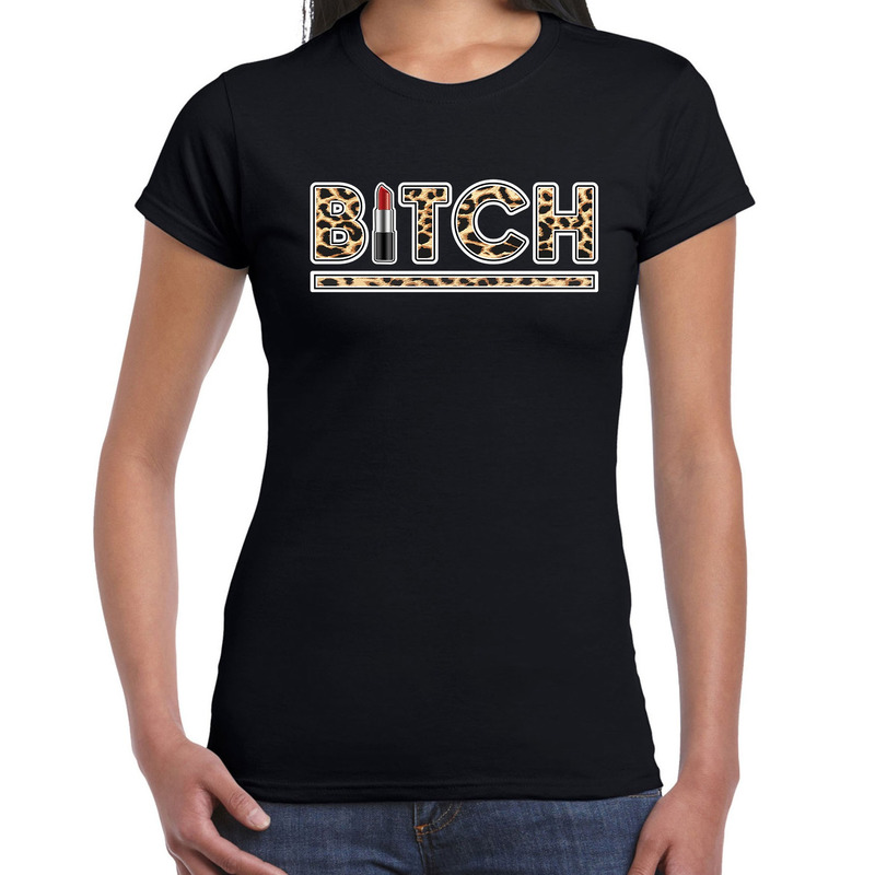 Bitch lipstick fun tekst t-shirt voor dames zwart panter print