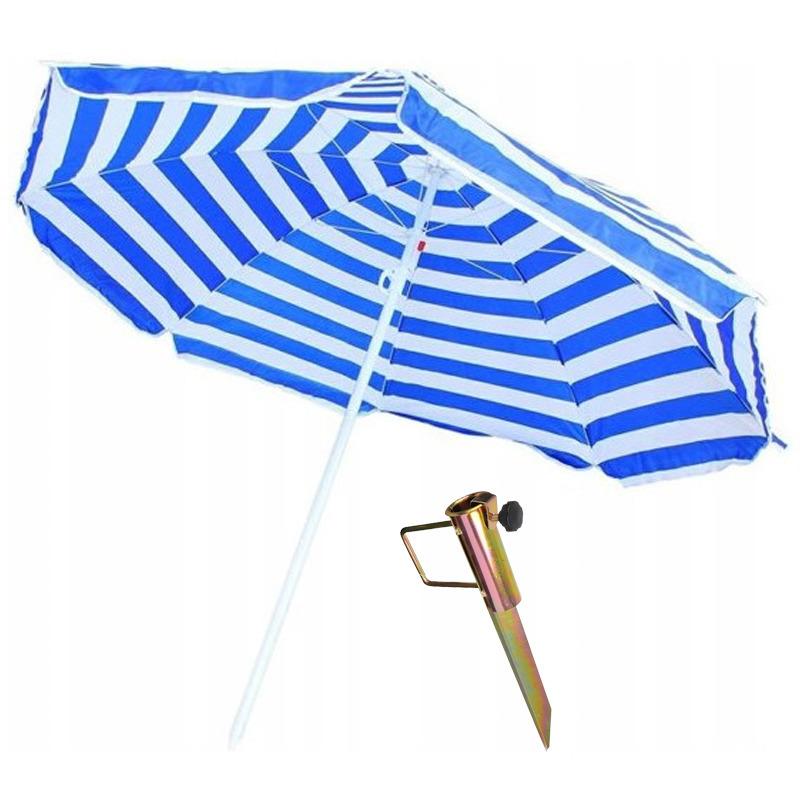 stoomboot Kantine transactie Blauw/wit gestreepte strand/camping parasol 165 cm met grondpen/haring -  Partyshopper Zonwering winkel