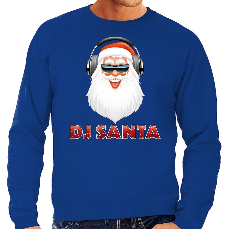 Blauwe foute kersttrui-sweater kerstman met koptelefoon blauw voor heren