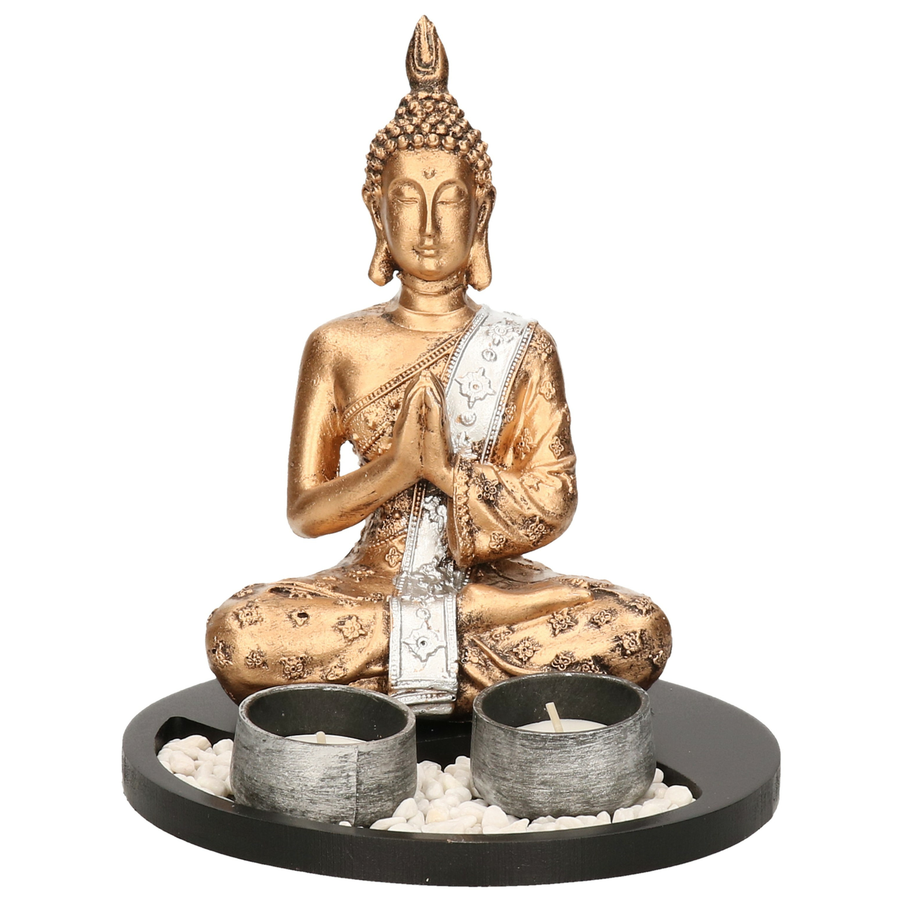 Boeddha beeld met waxinelichthouders goud-wit voor binnen 20 cm