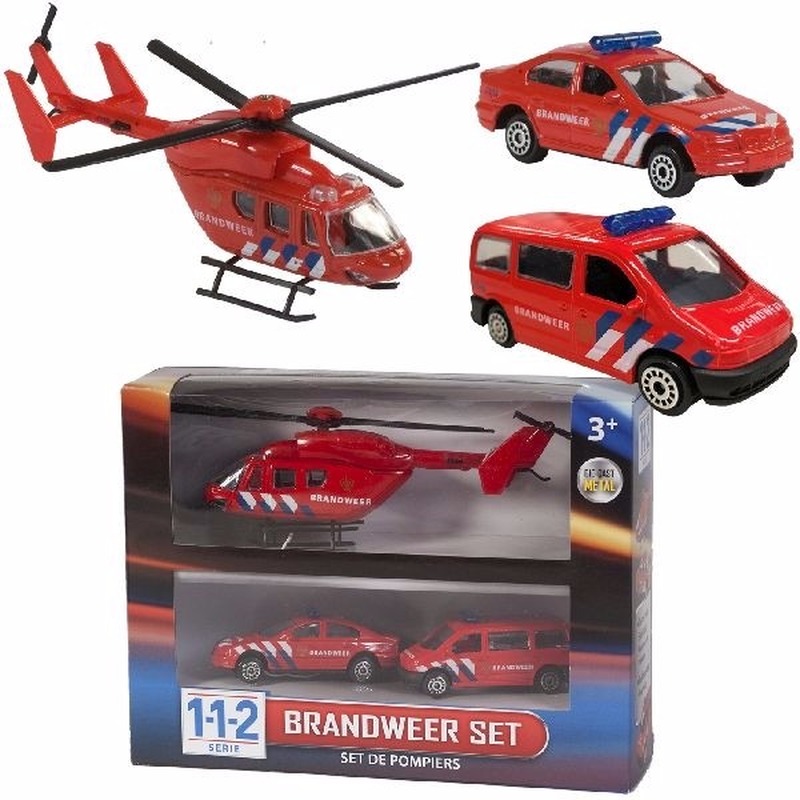 Brandweer speelgoed wagens en helikopter