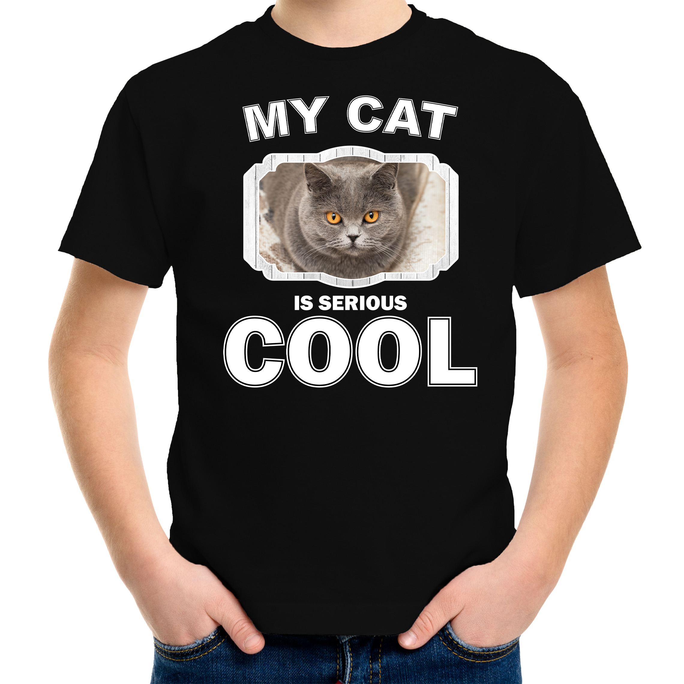 Britse korthaar katten-poezen t-shirt my cat is serious cool zwart voor kinderen
