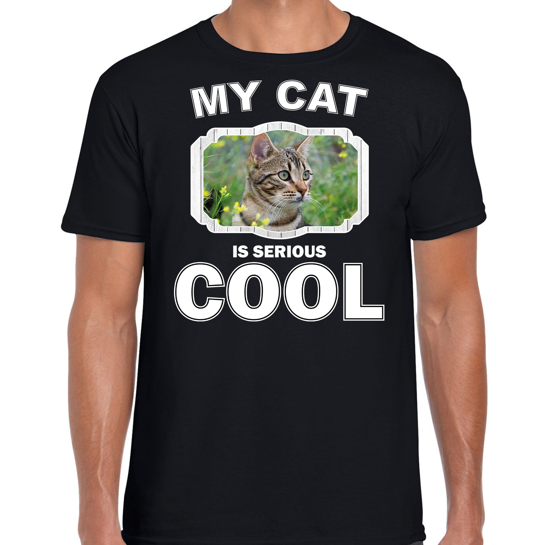 Bruine kat katten-poezen t-shirt my cat is serious cool zwart voor heren
