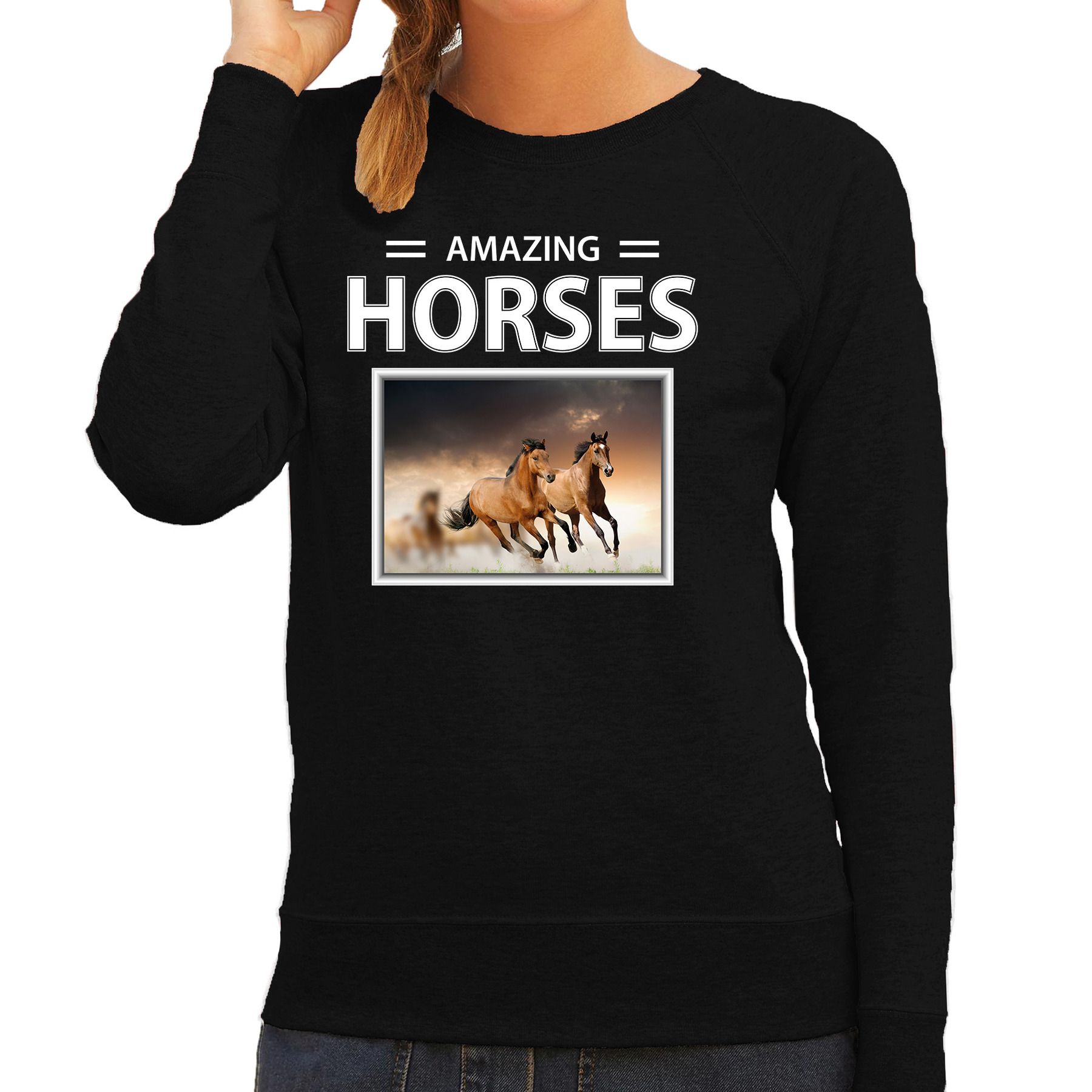 Bruine paarden sweater / trui met dieren foto amazing horses zwart voor dames