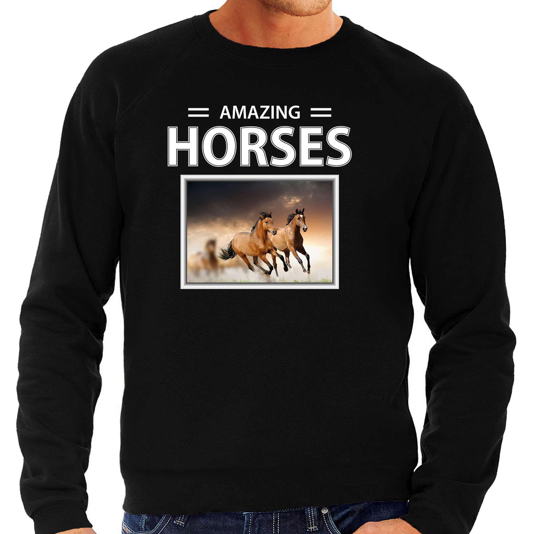 Bruine paarden sweater / trui met dieren foto amazing horses zwart voor heren