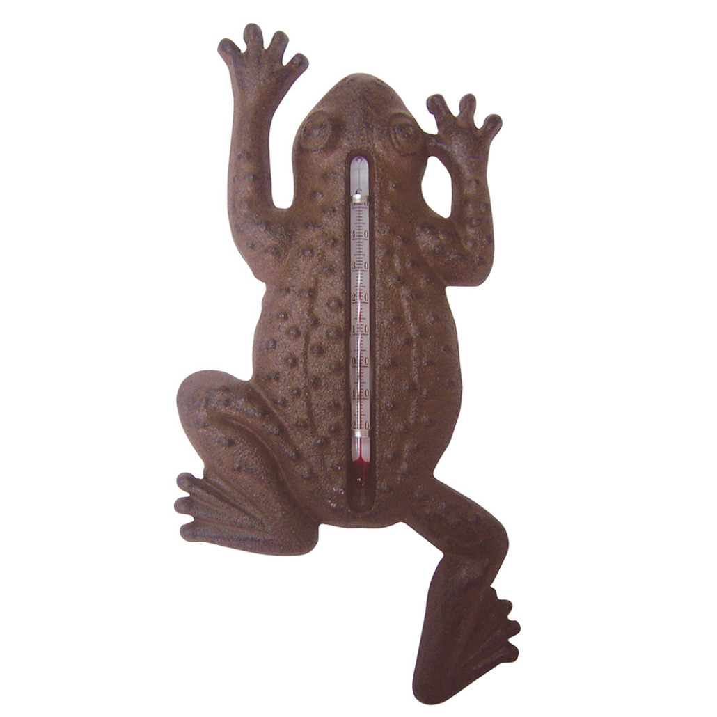 Buiten thermometer van gietijzer in kikker vorm roestbruin tuindecoratie 24 cm
