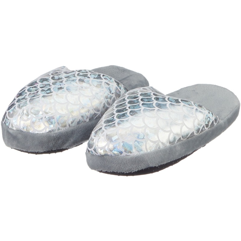 Cadeau kinderslofjes-pantoffels zeemeermin-mermaid zilver met anti-slip zool voor kinderen
