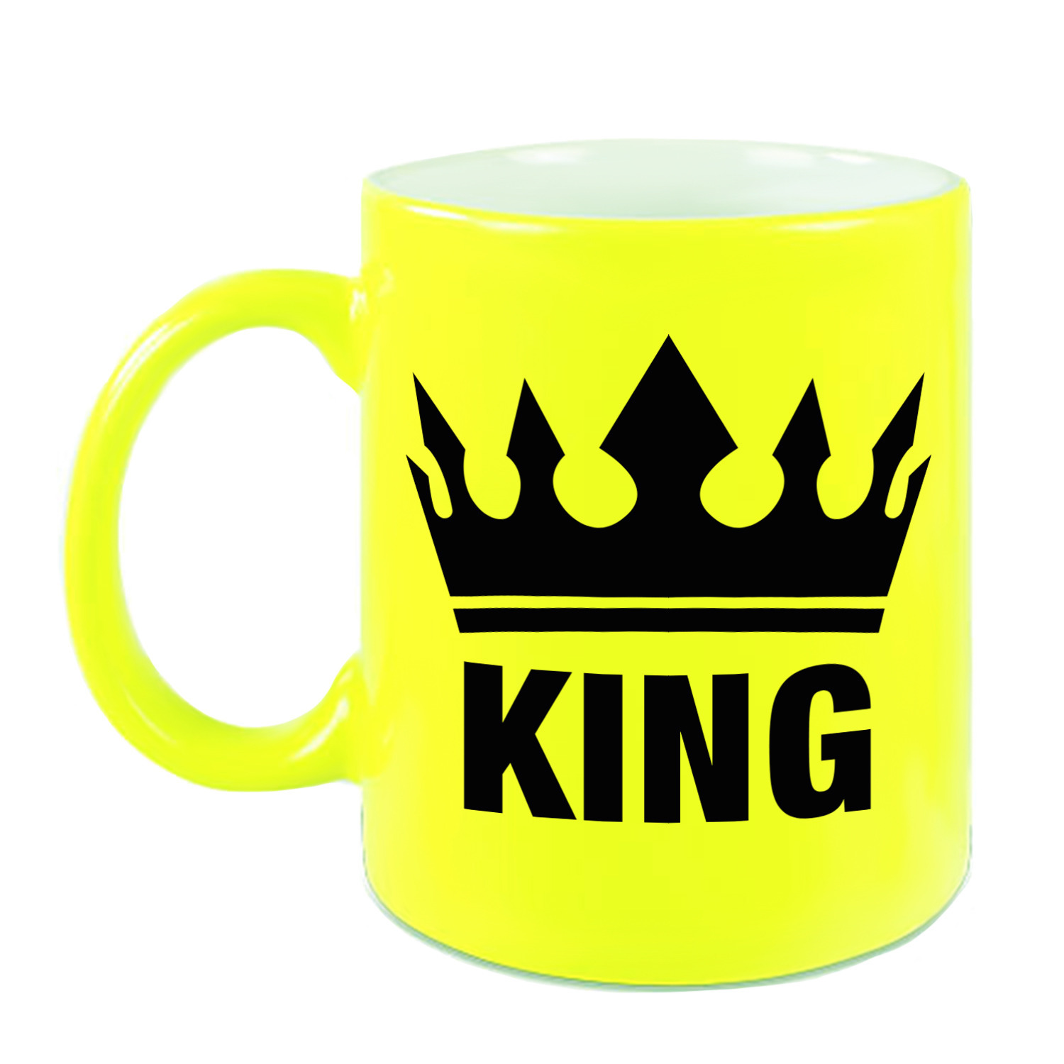 Cadeau King mok- beker fluor neon geel met zwarte bedrukking 300 ml