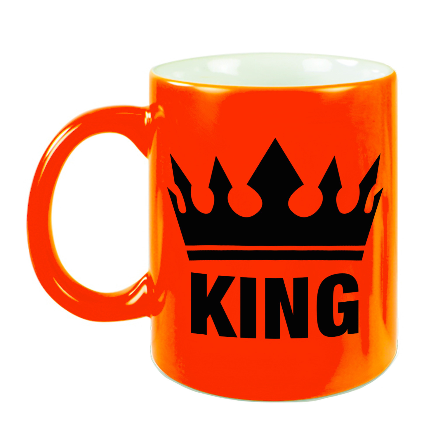 Cadeau King mok- beker fluor neon oranje met zwarte bedrukking 300 ml