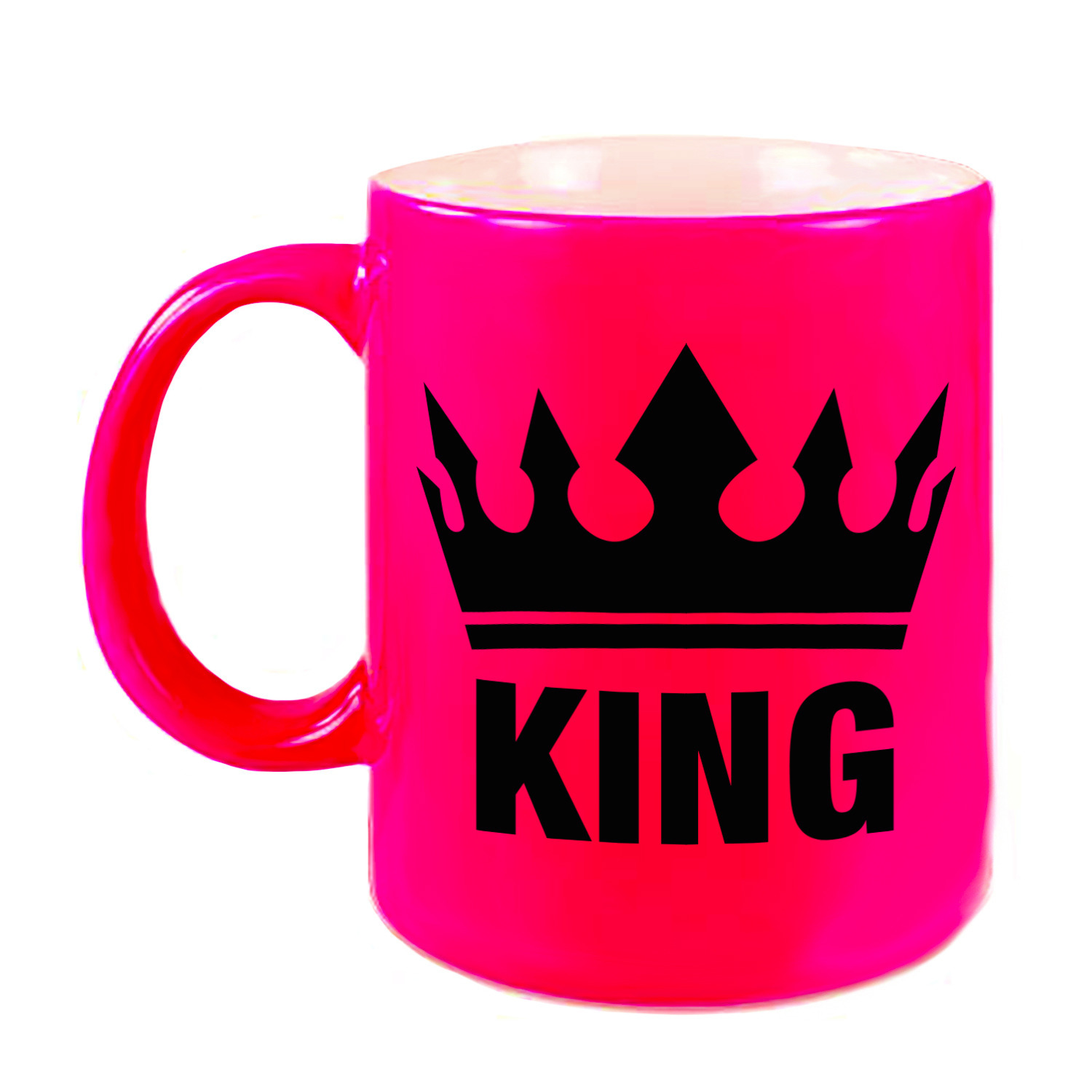 Cadeau King mok- beker fluor neon roze met zwarte bedrukking 300 ml