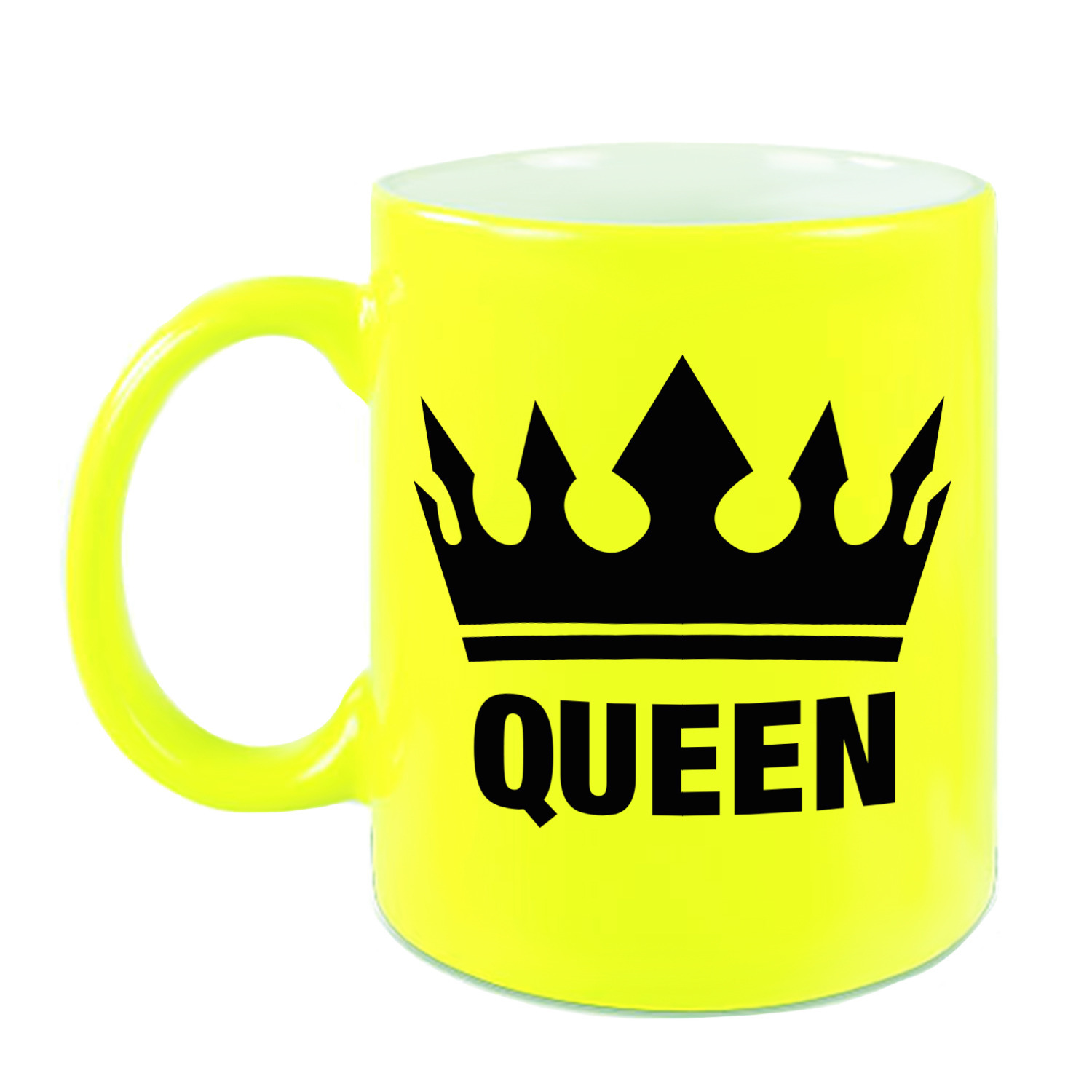 Cadeau Queen mok- beker fluor neon geel met zwarte bedrukking 300 ml