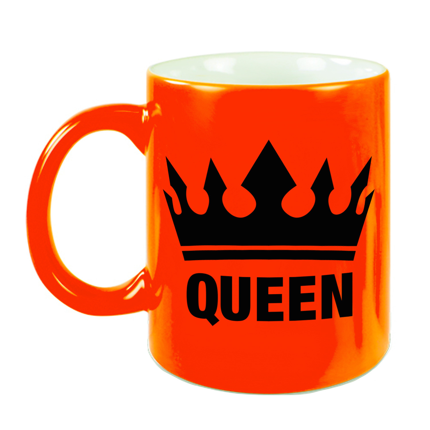 Cadeau Queen mok- beker fluor neon oranje met zwarte bedrukking 300 ml