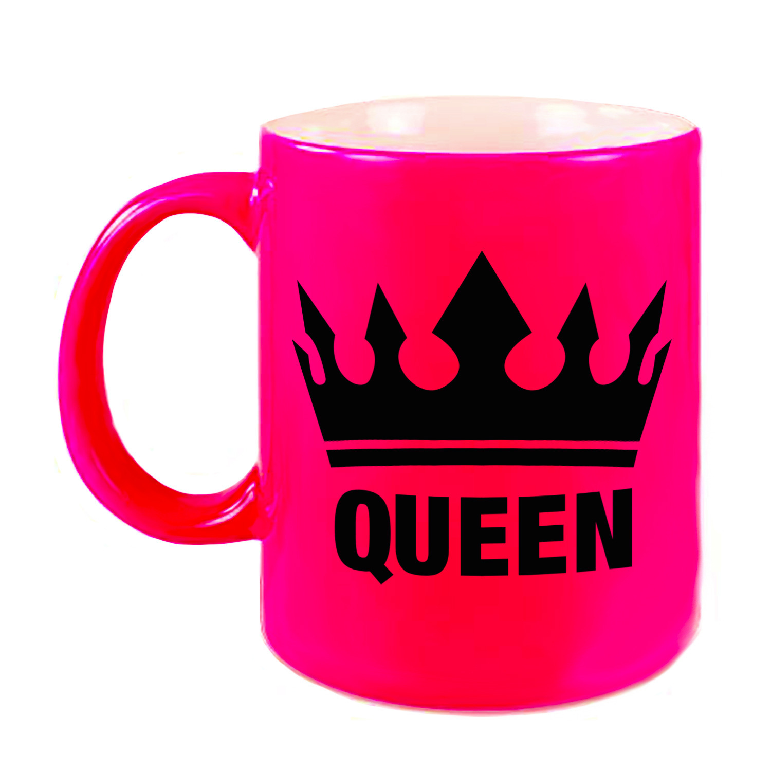Cadeau Queen mok- beker fluor neon roze met zwarte bedrukking 300 ml