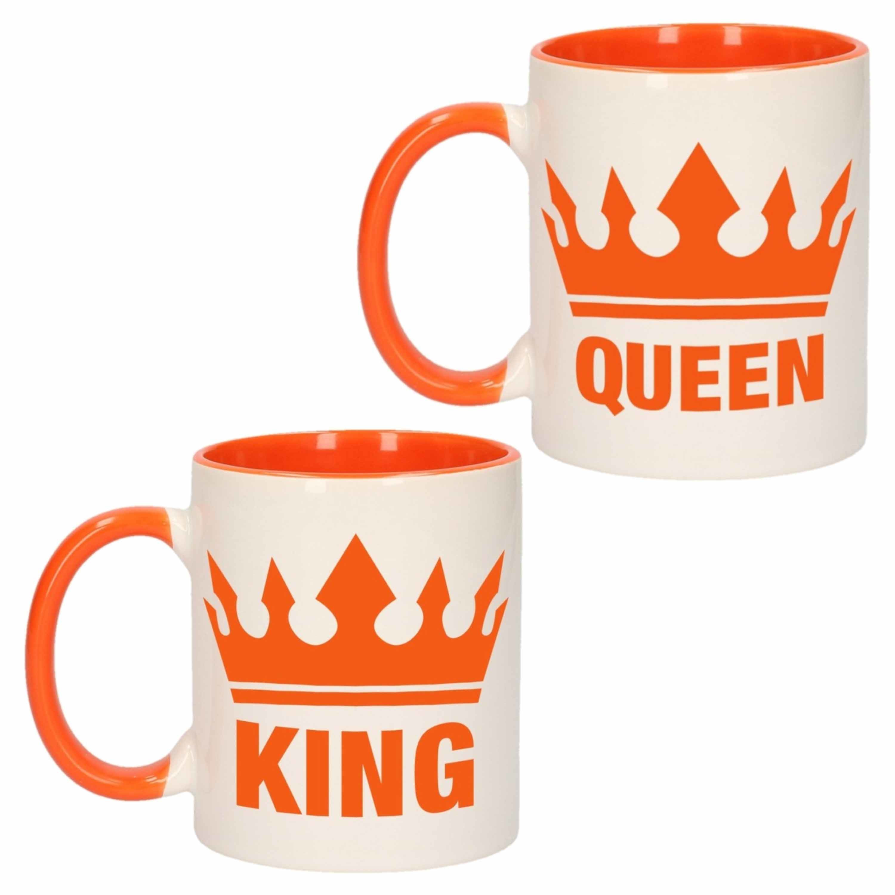 Cadeauset van oranje King en Queen mokken-bekers 300 ML