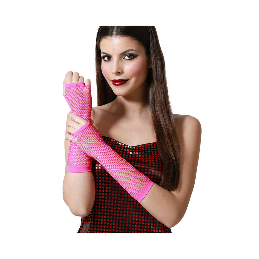 Carnaval verkleed handschoenen visnet stof fuchsia roze vingerloos dames elastiek