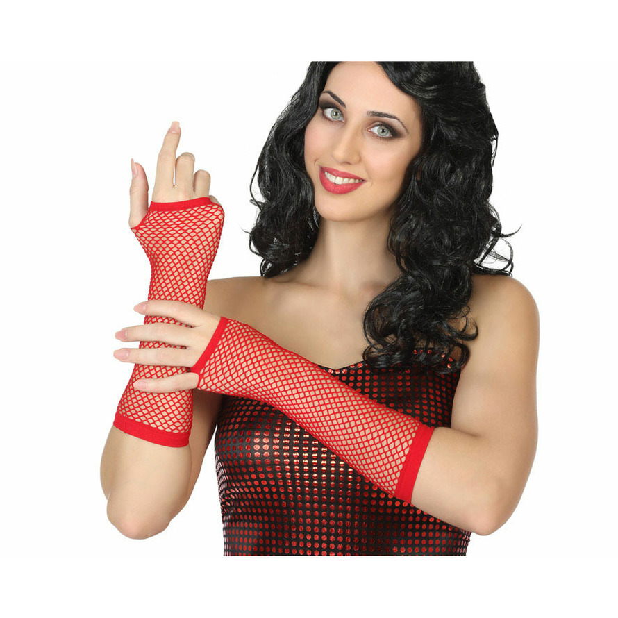 Carnaval verkleed handschoenen visnet stof rood vingerloos dames elastiek