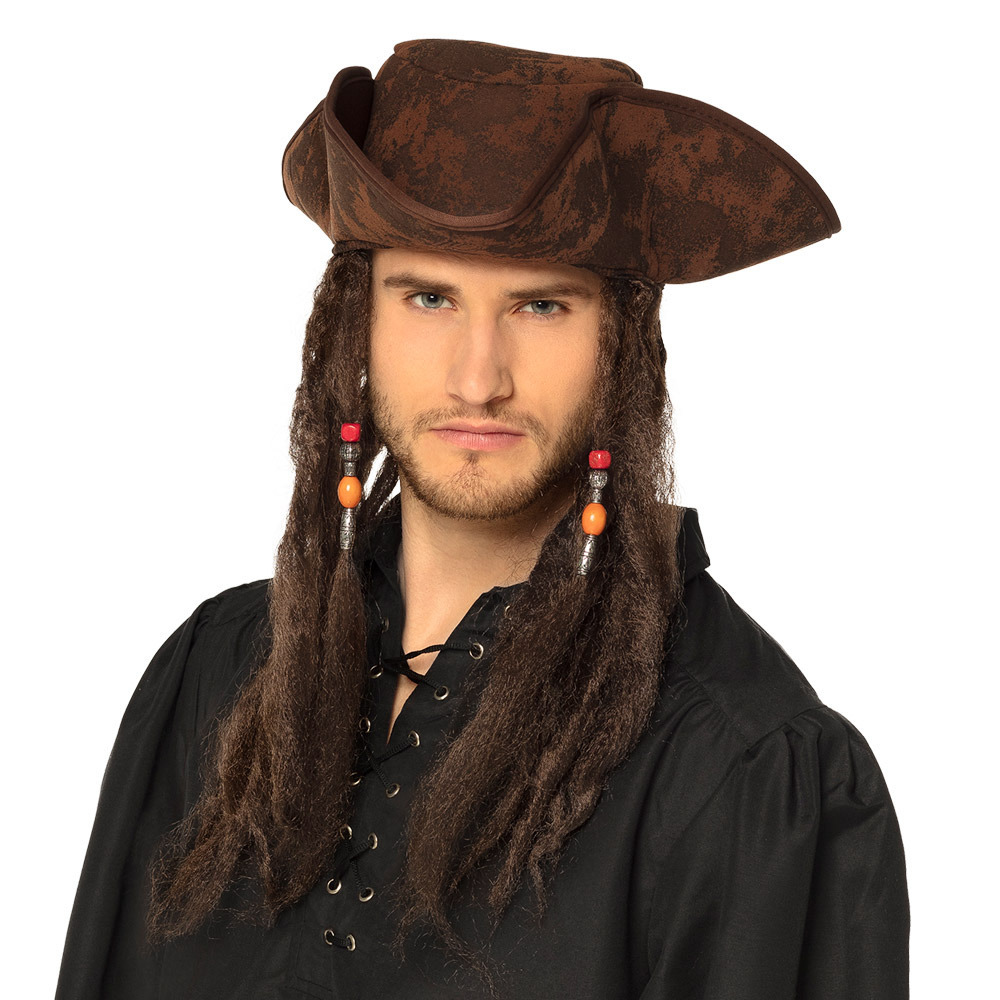 Carnaval verkleed hoed voor een Piraat bruin polyester heren met haar-vlechten