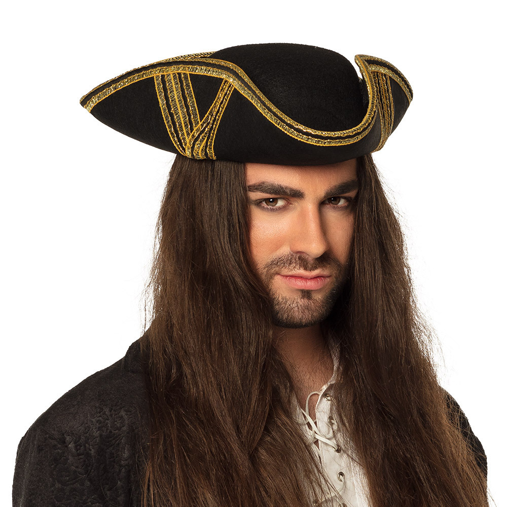 Carnaval verkleed hoed voor een Piraat zwart-goud polyester heren-dames