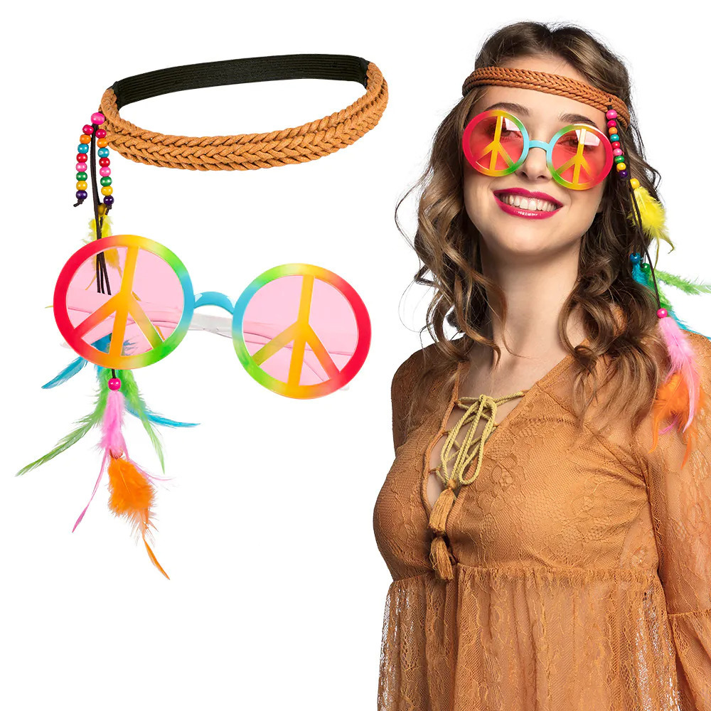 Carnaval verkleed set Hippie peace party bril en een hoofband dames