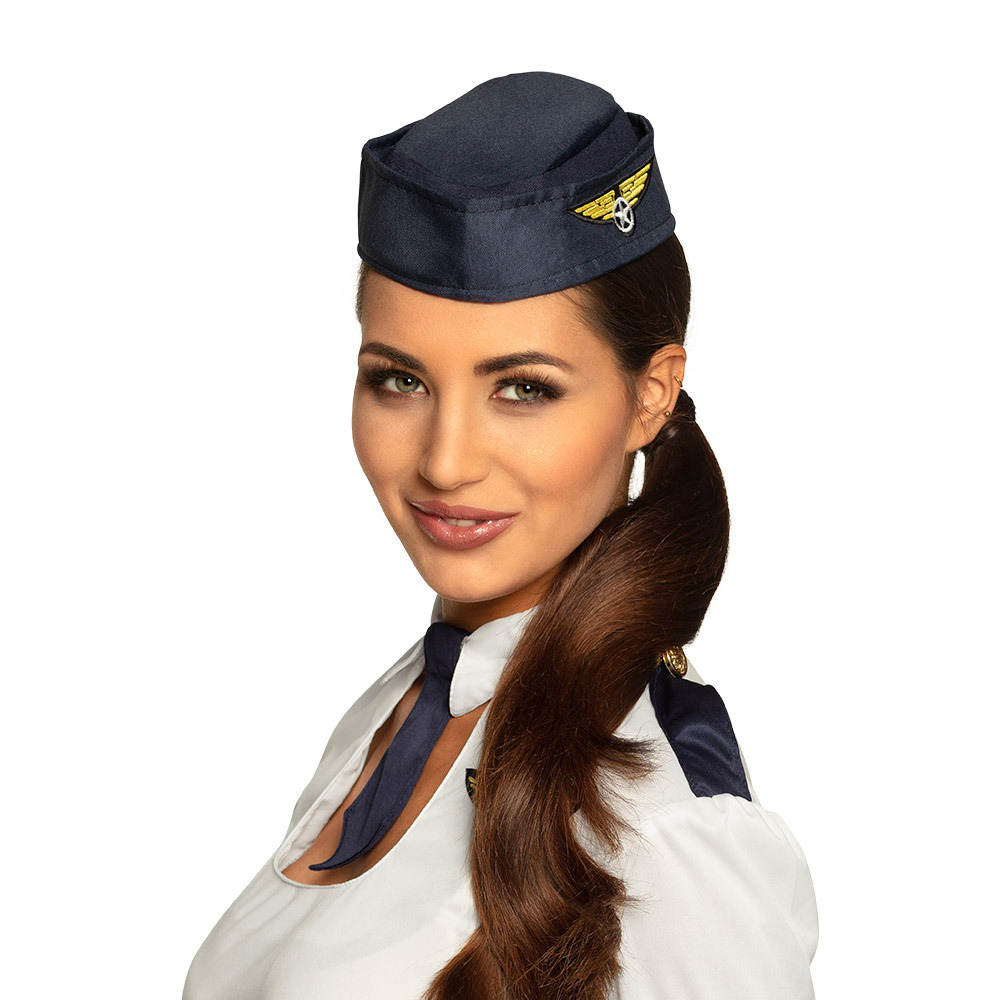 Carnaval verkleed Stewardessen hoedje blauw-goud voor dames Luchtvaart thema