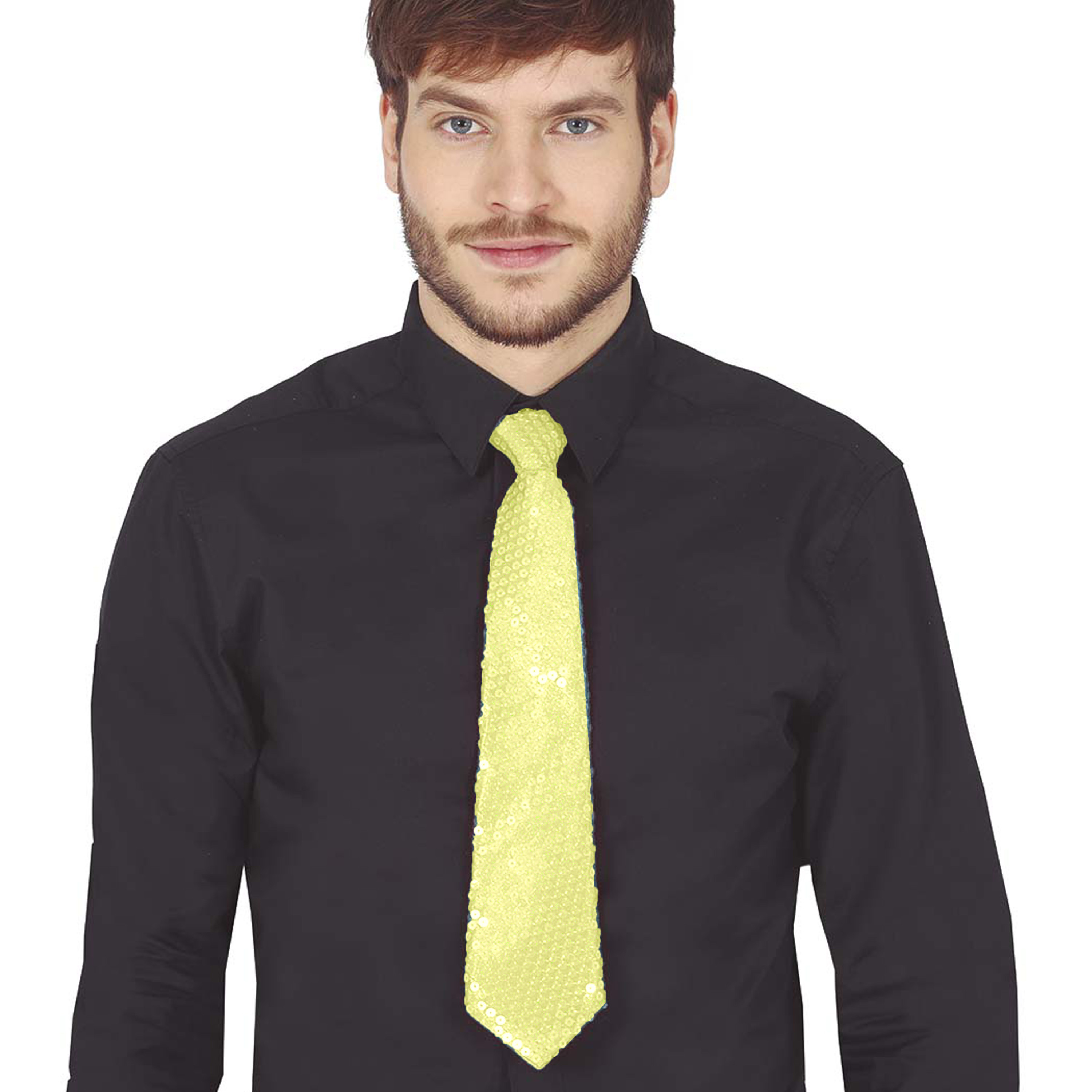 Carnaval verkleed stropdas met pailletten neon geel polyester volwassenen-unisex