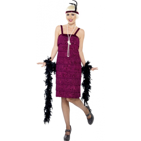Carnavalskleding bordeaux rode flapper girl franjes jurk verkleedkostuum voor dames