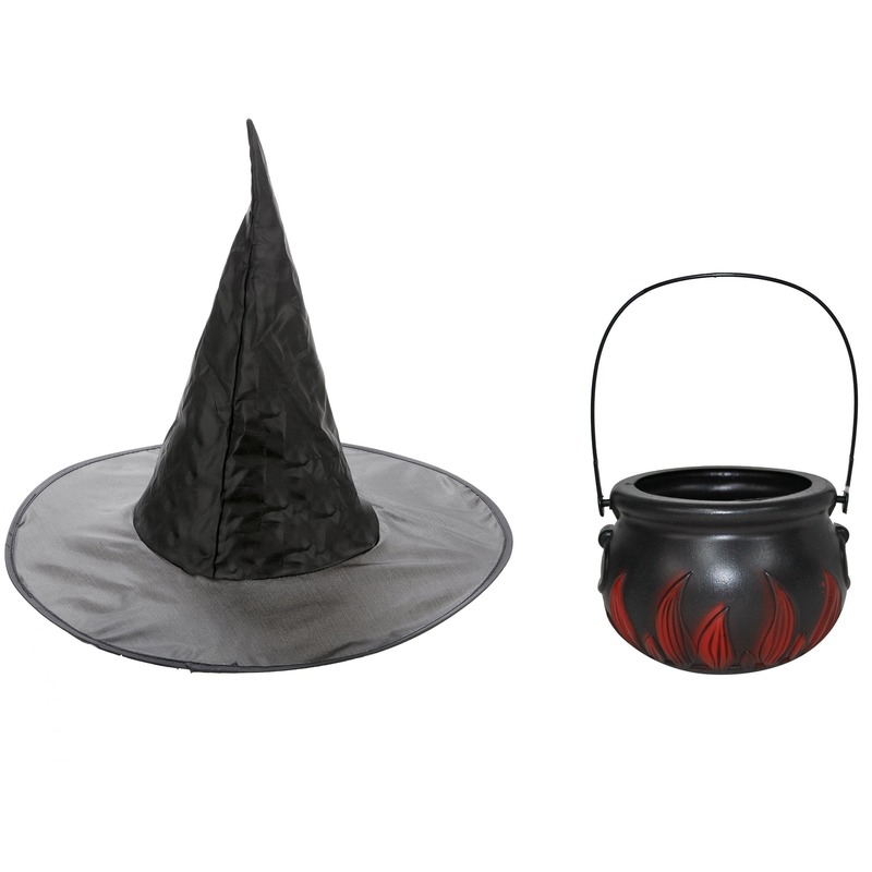 Carnavalskleding heksen accessoires heksenhoed en heksenketel 15 cm voor meisjes-kinderen