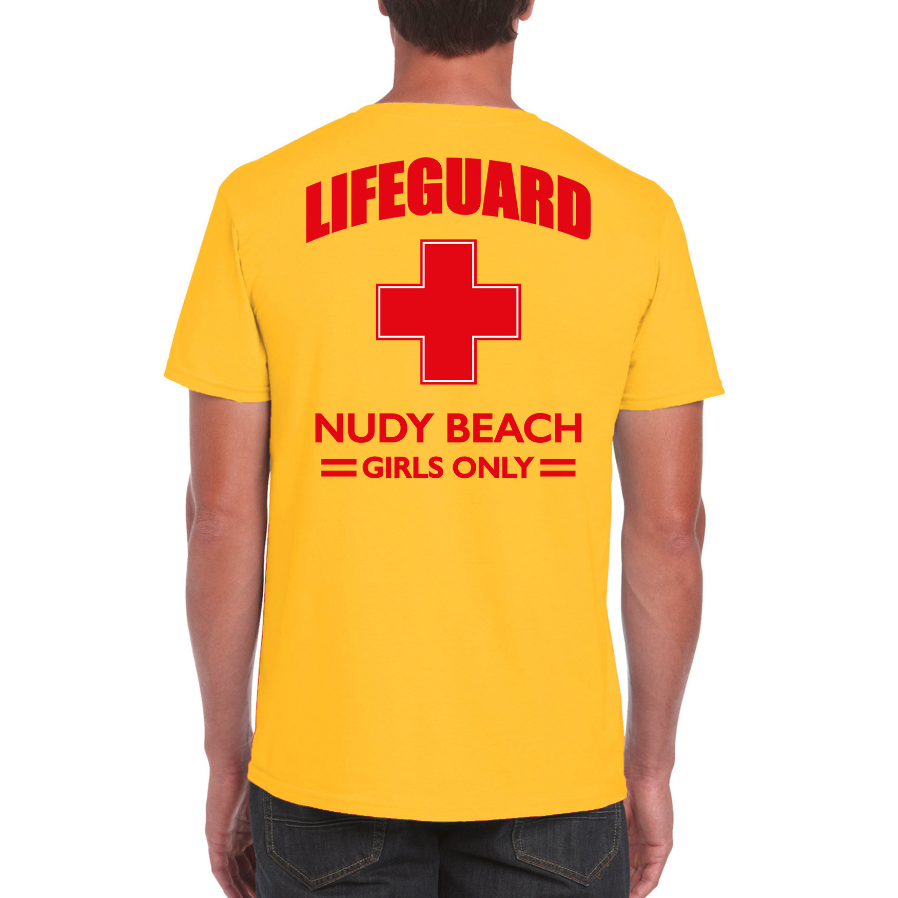 Carnavalskleding reddingsbrigade- lifeguard Nudy Beach girls only shirt geel-achter bedrukking heren