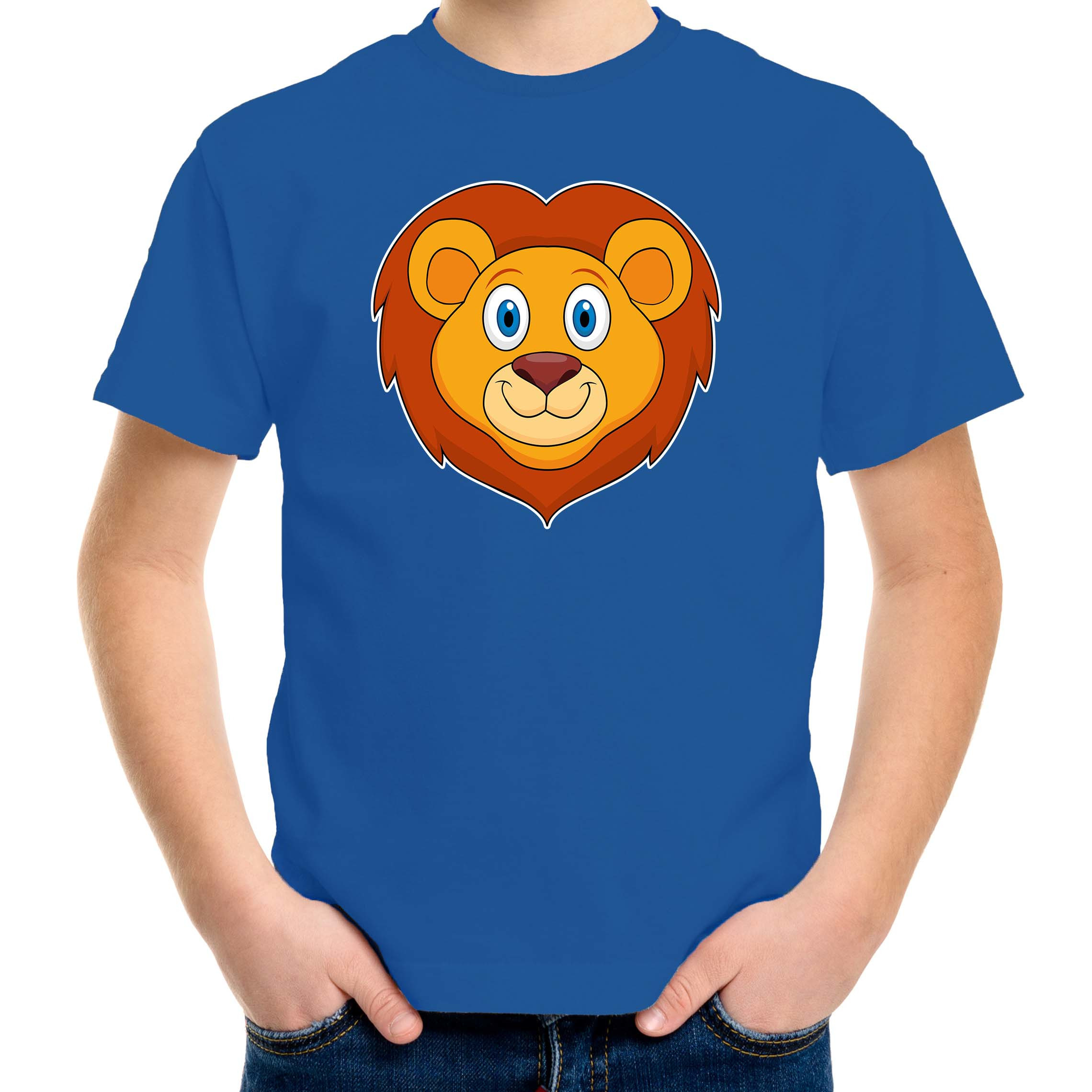 Cartoon leeuw t-shirt blauw voor jongens en meisjes - Cartoon dieren t-shirts kinderen