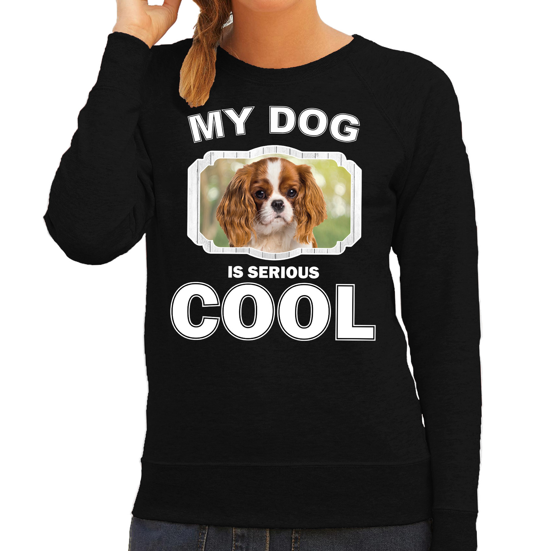 Charles spaniel honden sweater / trui my dog is serious cool zwart voor dames
