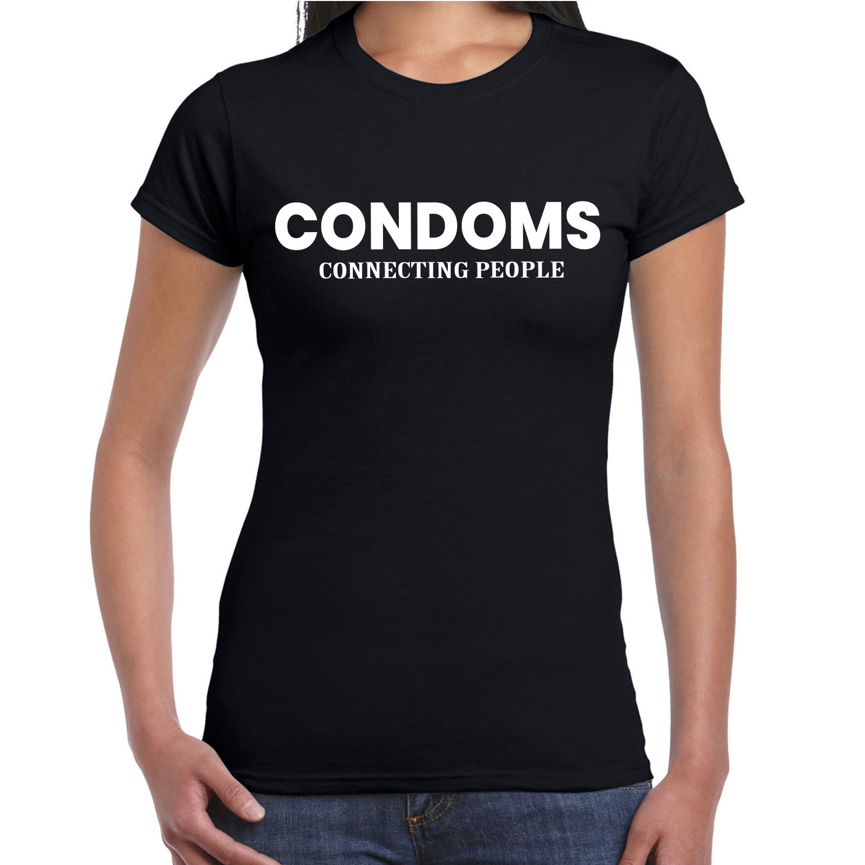 Condoms connecting people fun t-shirt zwart voor dames